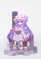 Rule 34 | 1girl, absurdres, blue bow, blush, book, book stack, bow, footwear bow, hair bow, highres, holding, holding book, moon (ornament), mr.turtle head, one-hour drawing challenge, patchouli knowledge, purple bow, purple hair, purple headwear, reading, red bow, sitting, solo, touhou, white background