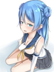 Rule 34 | 1girl, bare shoulders, blue eyes, blue hair, blush, breasts, cleavage, clothes pull, collarbone, double bun, elbow gloves, frown, gloves, haamon (harmon), hair between eyes, hair bun, highres, kantai collection, large breasts, long hair, looking at viewer, medium breasts, neckerchief, open mouth, pleated skirt, school uniform, serafuku, shirt tug, sidelocks, sitting, skirt, sleeves rolled up, socks, solo, sweat, thighs, urakaze (kancolle), vipper captain, white gloves, white socks, yellow neckerchief, yokozuwari