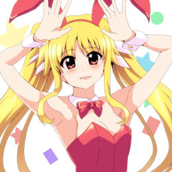 Rule 34 | 1girl, animal ears, armpits, azumaya hironaru, bare shoulders, blonde hair, blush, bow, bowtie, breasts, cleavage, fake animal ears, fate testarossa, leotard, long hair, looking at viewer, lyrical nanoha, mahou shoujo lyrical nanoha, mahou shoujo lyrical nanoha a&#039;s, open mouth, playboy bunny, rabbit ears, red bow, red bowtie, red eyes, red leotard, shiny clothes, simple background, small breasts, smile, solo, twintails, upper body