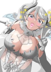 1girl absurdres bare_shoulders breasts cleavage cowboy_shot dress duel_monster gloves grey_eyes grey_hair heart heart_in_mouth highres holding holding_polearm holding_weapon kamo_(riverside_kamo) large_breasts lovely_labrynth_of_the_silver_castle open_mouth polearm simple_background solo sparkle strapless strapless_dress w weapon white_background white_dress white_gloves yu-gi-oh!