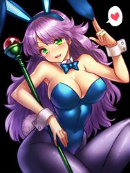 Rule 34 | 1girl, animal ears, bare shoulders, black background, black pantyhose, blush, bow, bowtie, breasts, character request, cleavage, detached collar, dragon quest, dragon quest iv, fake animal ears, green eyes, heart, large breasts, leotard, long hair, looking at viewer, open mouth, pantyhose, playboy bunny, purple hair, rabbit ears, rabbit tail, simple background, smile, solo, spoken heart, staff, tail, vivian (dq4), wrist cuffs, yapo (croquis side)