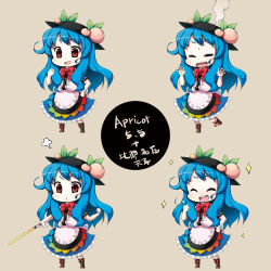Rule 34 | 1girl, :t, = =, blue hair, bow, chibi, closed eyes, dress, female focus, food, fruit, grin, twirling hair, hat, highres, hinanawi tenshi, kabayaki unagi, long hair, multiple persona, open mouth, peach, red eyes, simple background, smile, sparkle, sword, sword of hisou, touhou, weapon
