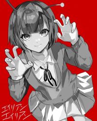 Rule 34 | 1girl, alien, andromedako, antennae, bob cut, buttons, cardigan, claw pose, closed mouth, curled fingers, dress shirt, eyelashes, from above, greyscale, greyscale with colored background, hands up, highres, long sleeves, looking at viewer, looking up, monochrome, nayutalien, nayutan sei kara no buttai, neck ribbon, pleated skirt, red background, ribbon, school uniform, shirt, short hair, simple background, skirt, smile, solo, spot color, subculmagic, virtual youtuber, white shirt