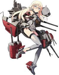 Rule 34 | 10s, 1girl, armband, bismarck (kancolle), bismarck kai (kancolle), blonde hair, blush, boots, breasts, brown gloves, cannon, detached sleeves, full body, gloves, grey eyes, grey footwear, grey thighhighs, hat, unworn hat, unworn headwear, kantai collection, long hair, mecha musume, official art, open mouth, peaked cap, personification, shimada fumikane, solo, thighhighs, torn clothes, torn thighhighs, transparent background