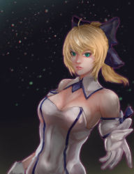 Rule 34 | 1girl, absurdres, ahoge, artoria pendragon (fate), bare shoulders, black bow, blonde hair, bow, breasts, cleavage, detached collar, fate/unlimited codes, fate (series), gloves, green eyes, hair bow, highres, lips, medium breasts, painterly, parted lips, ponytail, saber lily, solo, white gloves, yamada (2833422618)