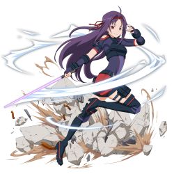 Rule 34 | 1girl, ahoge, beam saber, black footwear, boots, clothing cutout, elbow gloves, fingerless gloves, floating hair, from side, full body, gloves, hair ribbon, highres, holding, holding sword, holding weapon, leg up, long hair, looking at viewer, official art, purple gloves, purple hair, purple shirt, red eyes, red ribbon, red shorts, ribbon, shirt, short shorts, short sleeves, shorts, shoulder cutout, smile, solo, sword, sword art online, thigh boots, thighhighs, transparent background, very long hair, weapon, yuuki (sao)