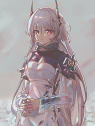 Rule 34 | 1girl, absurdres, arknights, breasts, dated, dress, flower, grey background, highres, horns, jewelry, lolifreak, long hair, long sleeves, looking at viewer, medium breasts, multiple rings, own hands clasped, own hands together, parted lips, pink hair, red eyes, ring, signature, theresa (arknights), very long hair, white dress, white flower