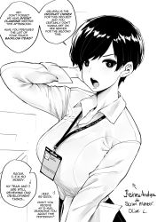Rule 34 | 1girl, arm up, black hair, black skirt, breasts, collared shirt, earrings, english text, greyscale, highres, holding, holding paper, id card, jewelry, lanyard, large breasts, looking at viewer, monochrome, norman maggot, office lady, olive laurentia, open mouth, original, paper, parted bangs, pixie cut, shirt, short hair, skirt, speech bubble, white shirt