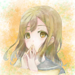 Rule 34 | 1girl, artist name, artist request, blush, bow, bowtie, breasts, brown eyes, brown hair, buttons, cardigan, close-up, collarbone, curly hair, eyebrows, female focus, fingers together, floating hair, grey sailor collar, hair between eyes, kunikida hanamaru, light brown hair, long hair, long sleeves, looking at viewer, love live!, love live! sunshine!!, orange bow, own hands together, parted lips, sailor collar, school uniform, skirt, sleeves past wrists, smile, solo, sweater, upper body, uranohoshi school uniform, vest, wavy hair, yellow cardigan, yellow eyes, yellow sweater