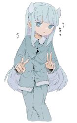 Rule 34 | 1girl, :o, alternate costume, blue eyes, blue hair, blue pajamas, blue pants, blue shirt, blunt bangs, collared shirt, double v, hair ornament, indie virtual youtuber, kaizuka (mintfield), long hair, long sleeves, looking at viewer, open mouth, pajamas, pants, shirt, simple background, solo, somunia, standing, translation request, v, virtual youtuber, white background