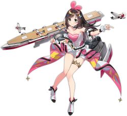 Rule 34 | 1girl, aircraft, airplane, alternate costume, ankle boots, azur lane, blue eyes, blush, boots, bow, bowtie, breasts, brown hair, character name, choker, closed eyes, closed mouth, detached sleeves, dress, flight deck, full body, gold, hairband, hands up, kizuna ai, kizuna ai (anniversary), kizuna ai (anniversary) (azur lane), kizuna ai inc., kurot, long hair, looking at viewer, medium breasts, multicolored hair, official art, open mouth, pink hair, rigging, short shorts, short sleeves, shorts, sidelocks, smile, solo, streaked hair, tachi-e, thighlet, transparent background, virtual youtuber, white footwear, white shorts, wrist cuffs