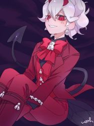Rule 34 | 1girl, artist name, beelzebub (helltaker), boots, bow, bowtie, demon girl, demon horns, demon tail, earrings, freckles, gloves, grey hair, grin, hands under legs, helltaker, highres, horns, jacket, jewelry, knee boots, long sleeves, looking at viewer, noah (tettsui-sole), pants, red bow, red eyes, red footwear, red horns, red jacket, red pants, red vest, shirt, short hair, signature, sitting, smile, solo, tail, vest, white hair