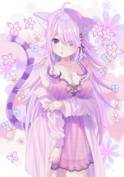 Rule 34 | 1girl, 54hao, ahoge, animal ear fluff, animal ears, blue flower, blush, breasts, brown flower, cat ears, cat girl, cat tail, cleavage, collarbone, commentary, cowboy shot, dress, eyes visible through hair, floral background, flower, hair ornament, hair over one eye, heart, highres, hololive, large breasts, long hair, long sleeves, looking down, looking to the side, nekomata okayu, off shoulder, open clothes, open shirt, parted lips, pink dress, pink flower, pink hair, purple eyes, see-through, shirt, sleeveless, sleeveless dress, solo, striped tail, tail, very long hair, virtual youtuber, white shirt, wide sleeves, x hair ornament