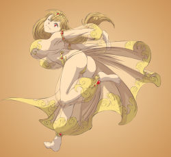 Rule 34 | 1girl, armpits, ass, bad anatomy, barefoot, bouncing breasts, breasts, brown hair, character request, copyright request, covered erect nipples, curvy, dancer, diadem, full body, gem, gold trim, hataraki ari, huge breasts, jewelry, long hair, lots of jewelry, one eye closed, poorly drawn, red eyes, rubies, see-through, see-through sleeves, solo, wink