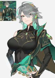 Rule 34 | 1girl, absurdres, alhaitham (genshin impact), breasts, cape, closed mouth, covered navel, genderswap, genderswap (mtf), genshin impact, grey hair, highres, large breasts, looking at viewer, multicolored hair, reference inset, solo, standing, toned, two-tone hair, waterswing