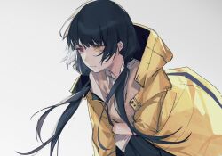 Rule 34 | 1girl, black hair, collared shirt, commentary, girls&#039; frontline, hand in jacket, heterochromia, highres, jacket, long hair, open clothes, open jacket, red eyes, ro635 (girls&#039; frontline), shirt, simple background, solo, sweater vest, taiyang ami, twintails, upper body, white shirt, yellow eyes, yellow jacket