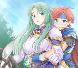 Rule 34 | 1boy, 1girl, age difference, animal, armor, armored dress, arms around neck, blue cape, blue eyes, blue gloves, blue headband, blue sky, blush, breastplate, cape, cecilia (fire emblem), commentary request, day, dress, elbow gloves, fingerless gloves, fire emblem, fire emblem: the binding blade, gloves, gold trim, green eyes, green hair, ham pon, headband, highres, horse, horseback riding, long hair, looking at another, nintendo, outdoors, purple dress, red cape, red hair, riding, roy (fire emblem), short hair, short sleeves, shoulder armor, sitting, sky, sweatdrop, tree, two-tone cape, white gloves