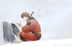 Rule 34 | 1boy, absurdres, ardbert hylfyst, blue eyes, blush, brown hair, chinese commentary, cold, cup, earrings, facial hair, final fantasy, final fantasy xiv, flower, hair between eyes, highres, japanese clothes, jewelry, kimono, lily (flower), male focus, mbdtz, red kimono, sakazuki, sheath, sheathed, short hair, sitting, snow, snowing, solo, stubble, sword, tombstone, weapon, weibo logo, weibo watermark