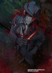 Rule 34 | 1boy, alley, black gloves, black hair, black necktie, black suit, bleeding, blood, bloody knife, colored skin, company name, copyright name, facial mark, formal, from above, gloves, glowing, glowing eye, grey skin, hand in pocket, hat, highres, kirishima satoshi, knife, male focus, mouse (animal), necktie, official art, outdoors, red eyes, solo, stab, standing, suit, watermark, z/x