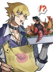 Rule 34 | !?, 2ban-tan, apron, belt, black hair, black shirt, blonde hair, blue eyes, blue pants, brown belt, coat, commentary request, earrings, food, french fries, fruit, fudo yusei, hair between eyes, holding, holding tray, jack atlas, jewelry, lettuce, long sleeves, looking at another, male focus, mini person, miniboy, necklace, octopus, open mouth, pants, pig print, print shirt, purple eyes, salmon, sausage, shirt, short hair, shrimp, shrimp tempura, simple background, spiked hair, strawberry, sweat, tempura, tomato, torinomaruyaki, tray, upper body, white background, white coat, white shirt, yellow apron, yu-gi-oh!, yu-gi-oh! 5d&#039;s
