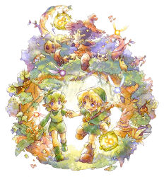 Rule 34 | 1boy, 1girl, belt, blonde hair, boots, deku scrub, flute, forest, grass, green footwear, green hair, holding hands, hat, hetero, in tree, instrument, lantern, link, mask, music, musical note, nature, navi, nintendo, open mouth, painting (medium), playing instrument, pointy ears, saria (zelda), shield, sitting, sitting in tree, skull kid, straw hat, sword, the legend of zelda, the legend of zelda: ocarina of time, traditional media, tree, vio (dry-trail), watercolor (medium), weapon, wristband, young link