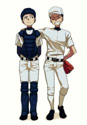 Rule 34 | 2boys, ammonio, arm around shoulder, arm behind back, baseball cap, baseball glove, baseball uniform, black hair, chest protector, cleats, closed eyes, hat, looking at another, male focus, multiple boys, original, shin guards, simple background, smile, sportswear, umpire, white background