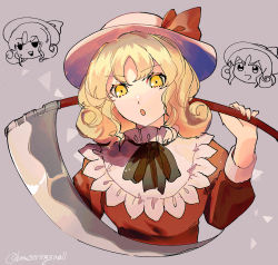 Rule 34 | 1girl, :d, :o, ascot, black ascot, blonde hair, commentary, cropped torso, curly hair, elly (touhou), frilled shirt collar, frills, grey background, hand up, hat, hat ribbon, highres, holding, holding scythe, long sleeves, looking at viewer, looking to the side, medium hair, oito (bowstringsmall), open clothes, open mouth, red ribbon, red shirt, ribbon, scythe, shirt, simple background, sleeve cuffs, smile, solo, sweatdrop, touhou, touhou (pc-98), twitter username, v-shaped eyebrows, white hat, yellow eyes