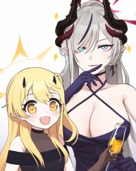 Rule 34 | 2girls, black dress, black gloves, black horns, blonde hair, blue archive, blue eyes, blush, breasts, cleavage, commentary, cup, demon horns, dress, flat chest, gloves, grey hair, halo, halterneck, holding, holding cup, horns, ibuki (blue archive), ibuki (dress) (blue archive), large breasts, long hair, makoto (blue archive), makoto (dress) (blue archive), mimit 4, multiple girls, official alternate costume, open mouth, pointy ears, red halo, simple background, smile, symbol-only commentary, white background, yellow eyes, yellow halo