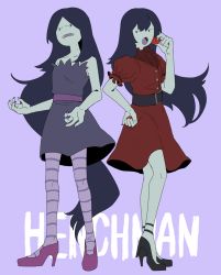 Rule 34 | 1girl, adventure time, bare arms, bare shoulders, belt, bite mark, black hair, collarbone, colored skin, commentary, dress, eating, fangs, food, fruit, full body, grey skin, high heels, highres, holding, holding food, long hair, marceline abadeer, multiple girls, nail polish, open mouth, puffy short sleeves, puffy sleeves, purple background, purple dress, raya (uk 0128), red dress, short sleeves, standing, strapless, strapless dress, strawberry, symbol-only commentary, thighhighs, vampire, very long hair