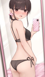 Rule 34 | 1girl, :d, ass, bare arms, bare shoulders, black bra, black hair, black panties, blush, bra, brown eyes, cellphone, commentary request, hair ornament, hair over shoulder, hair scrunchie, hand up, highres, holding, holding phone, kanju, long hair, looking at viewer, looking back, low ponytail, mirror, open mouth, original, panties, phone, pink scrunchie, ponytail, reflection, scrunchie, selfie, side-tie panties, smile, solo, sweat, underwear, underwear only