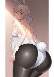 Rule 34 | 1girl, absurdres, anastasia (fate), animal ears, ass, bare shoulders, blue eyes, blush, breasts, chichikoucha, detached collar, fake animal ears, fate/grand order, fate (series), hair between eyes, hair ornament, highres, large breasts, leotard, long hair, looking at viewer, open mouth, pantyhose, playboy bunny, rabbit ears, rabbit tail, simple background, smile, strapless, strapless leotard, tail, very long hair, white hair