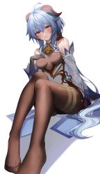 Rule 34 | 1girl, ahoge, bare shoulders, bell, black gloves, blue hair, blush, breasts, brown pantyhose, chinese knot, detached sleeves, feet out of frame, flower knot, full body, ganyu (genshin impact), genshin impact, gloves, gold trim, hand on own chest, highres, horns, knees up, long hair, looking at viewer, medium breasts, multicolored eyes, neck bell, no shoes, o cha (seyc3447), pantyhose, parted lips, sidelocks, sitting, solo, tassel, thighlet, thighs, toes, vision (genshin impact), white background, white sleeves, yellow eyes
