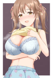 Rule 34 | 1girl, absurdres, blue bra, blue skirt, bra, breasts, brown eyes, brown hair, cleavage, clothes lift, floral print, highres, idolmaster, idolmaster cinderella girls, lace, lace-trimmed bra, lace trim, large breasts, looking at viewer, pleated skirt, shirt, shirt lift, skirt, sleeveless, sleeveless shirt, solo, steam, totoki airi, twintails, underwear, zhi (papercraft8559)