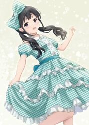 Rule 34 | 1girl, :d, absurdres, animification, black eyes, black hair, bow, collared dress, commentary, dress, feet out of frame, frilled dress, frills, gingham bow, gingham dress, green bow, green dress, hair bow, heart, highres, long hair, looking at viewer, low twintails, oonishi aguri, open mouth, real life, skirt hold, smile, solo, teeth, twintails, unmoving pattern, upper teeth only, wavy hair, white bow, white dress, yutuki ame