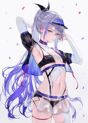 Rule 34 | 1girl, absurdres, alternate costume, arm up, armpits, bikini, black bikini, black jacket, blue hair, breasts, bridal gauntlets, closed mouth, commentary request, confetti, cowboy shot, ear piercing, earrings, gradient hair, grey eyes, grey hair, highres, honkai: star rail, honkai (series), jacket, jewelry, long hair, multicolored hair, navel, open clothes, open jacket, paid reward available, partial commentary, piercing, ponytail, qiandaiyiyu, race queen, see-through, silver wolf (honkai: star rail), simple background, single thighhigh, small breasts, solo, stomach, swimsuit, thigh strap, thighhighs, thighs, white thighhighs
