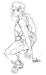 Rule 34 | 1girl, bowalia, braid, cammy white, denim, greyscale, hat, jeans, looking at viewer, monochrome, muscular, muscular female, pants, scar, scar on face, shoes, sitting, sneakers, street fighter, tank top, white background