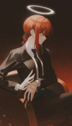 Rule 34 | 1girl, black jacket, black necktie, black pants, braid, chainsaw man, chair, collared shirt, commentary, from side, gradient background, halo, highres, jacket, long hair, looking to the side, makima (chainsaw man), necktie, pants, red hair, shirt, single braid, sitting, solo, white shirt, yellow eyes, yuka865