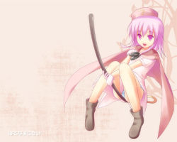 Rule 34 | 1girl, ;d, ?, benesse, boots, cape, hat, hatena yousei, long hair, maid koubou, one eye closed, open mouth, panties, pink eyes, pink hair, pink hat, smile, solo, staff, underwear, white panties