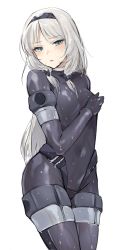 Rule 34 | 1girl, an-94 (girls&#039; frontline), an-94 (the diving bell and the doll) (girls&#039; frontline), blue eyes, blush, bodysuit, breasts, contrapposto, covered navel, cowboy shot, diving suit, girls&#039; frontline, hair ornament, hairband, hand on own chest, head tilt, highres, jingo, long hair, looking at viewer, medium breasts, official alternate costume, open mouth, silver hair, simple background, solo, standing, wet, wet clothes, wet hair, wetsuit, white background