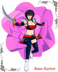 Rule 34 | 1girl, belt, black hair, breasts, character name, choker, cleavage, elbow gloves, flower, gloves, highres, midriff, navel, open mouth, purple eyes, rose, rutee katrea, shoes, short hair, short shorts, shorts, sword, tales of (series), tales of destiny, thighhighs, weapon
