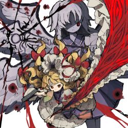 2girls blonde_hair bow closed_mouth commission dress floating_hair frills gap_(touhou) hair_bow hand_fan hat holding holding_fan long_hair long_sleeves looking_at_viewer mob_cap multiple_girls multiple_wings neruzou red_bow red_eyes sariel_(touhou) touhou touhou_(pc-98) white_hat wings yakumo_yukari