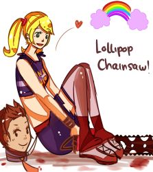 Rule 34 | 1boy, 1girl, blonde hair, blood, brown hair, chainsaw, cheerleader, clothes writing, couple, crop top, grasshopper manufacture, heart, juliet starling, leg warmers, lollipop chainsaw, long hair, midriff, miniskirt, necktie, nick carlyle, rainbow, severed head, shoes, short hair, sitting, skirt, smile, sneakers, thighhighs, twintails, wristband