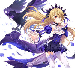 Rule 34 | 1girl, alternate eye color, ankoro, bare shoulders, bird, blonde hair, bow, bowtie, breasts, castle, choker, chuunibyou, cosplay, crow, detached sleeves, dress, eyepatch, falling feathers, falling petals, feathers, fischl (ein immernachtstraum) (genshin impact), fischl (ein immernachtstraum) (genshin impact) (cosplay), fischl (genshin impact), frills, gem, genshin impact, hair over one eye, hair ribbon, highres, jewelry, long hair, long sleeves, looking at viewer, official alternate costume, official alternate eye color, oz (genshin impact), pantyhose, petals, purple bow, purple bowtie, purple choker, purple dress, purple gemstone, purple ribbon, purple sleeves, red eyes, ribbon, single leg pantyhose, small breasts, smile, thighhighs, tiara, white pantyhose, white thighhighs
