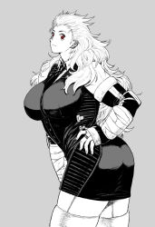 Rule 34 | 1girl, ass, blush, breasts, dorohedoro, earrings, formal, gloves, highres, jewelry, ki (mxxxx), long hair, looking at viewer, muscular, muscular female, noi (dorohedoro), simple background, skirt, smile, solo, white hair