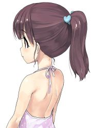 Rule 34 | 1girl, backless dress, backless outfit, bare shoulders, blush, brown hair, dress, from side, hair ornament, heart, heart hair ornament, jiji (aardvark), looking to the side, parted lips, polka dot, polka dot dress, ponytail, ribbon, simple background, solo, upper body, white background
