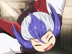 Rule 34 | 1girl, :d, ahoge, blue hair, blurry, blurry background, commentary, closed eyes, facing viewer, flying, head wings, indoors, multicolored hair, open mouth, shirosato, smile, solo, tokiko (touhou), touhou, two-tone hair, white hair, wide sleeves, wings