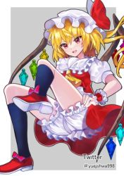 Rule 34 | 1girl, ascot, bad id, bad pixiv id, blonde hair, bloomers, crystal, flandre scarlet, grey background, hat, mob cap, open mouth, puffy short sleeves, puffy sleeves, red eyes, red footwear, red skirt, shoes, short sleeves, skirt, solo, touhou, underwear, vest, white bloomers, wings, yuejshwa998