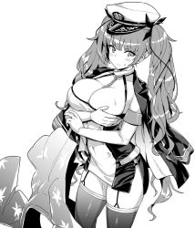 Rule 34 | 1girl, azur lane, blunt bangs, blush, breasts, cleavage, closed mouth, collarbone, elbow gloves, garter straps, gloves, greyscale, hat, highres, honolulu (azur lane), hori (hori no su), large breasts, long hair, looking at viewer, monochrome, simple background, solo, sweat, thighhighs, twintails, white background