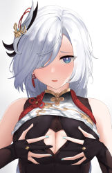 Rule 34 | 1girl, absurdres, bare shoulders, black gloves, blue nails, blush, breasts, cleavage, cleavage cutout, clothing cutout, earrings, eyes visible through hair, fingerless gloves, genshin impact, gloves, hair ornament, hair over one eye, hands on own breasts, highres, jewelry, large breasts, long hair, looking at viewer, n9at, nail polish, open mouth, shenhe (genshin impact), upper body, white hair