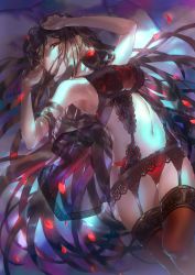 Rule 34 | 1girl, armpits, arms up, bare shoulders, black bra, bra, breasts, brown hair, brown thighhighs, closed mouth, earrings, emoillu, fate/grand order, fate (series), garter belt, highres, jewelry, lace, lace-trimmed legwear, lace trim, large breasts, lingerie, long hair, looking at viewer, multiple earrings, navel, on bed, panties, petals, pillow, red bra, red eyes, red panties, thighhighs, thighs, underwear, very long hair, yu mei-ren (fate)